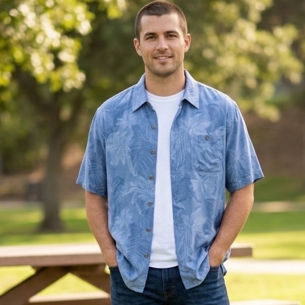 Campia Moda Mens XL Blue Tropical Palm Leaf Rayon Short Sleeve Button Down Shirt